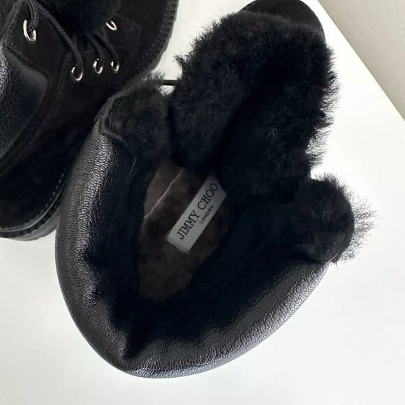 JIMMY CHOO Elba Black Leather Suede Pom Pom Flat Ankle Boots Size 38 - Picture 13 of 14